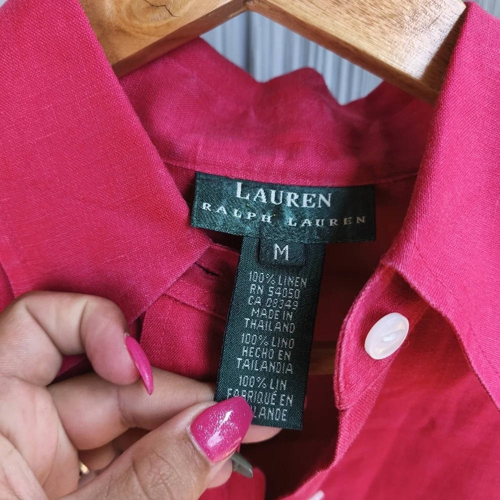 90s y2k Lauren Ralph Lauren 100% Linen Button Down Top sz M Red Preppy Old Money